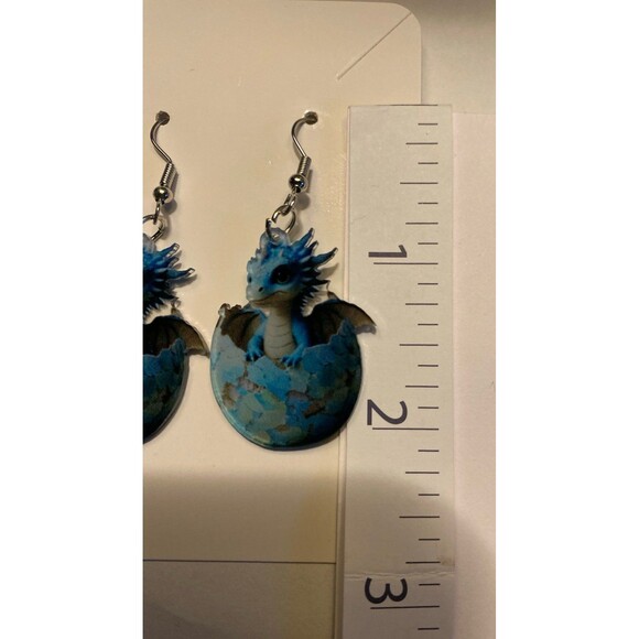 Blue Baby Dragon Hatching from Reptile Egg Earrings Dangle Quirky Whimsical - Picture 6 of 7